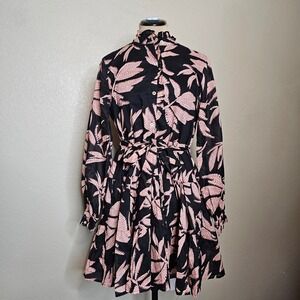 j marie Black Pink Leaf‎ Print Ruffle Collar Tie Waist Tiered Mini Dress Small